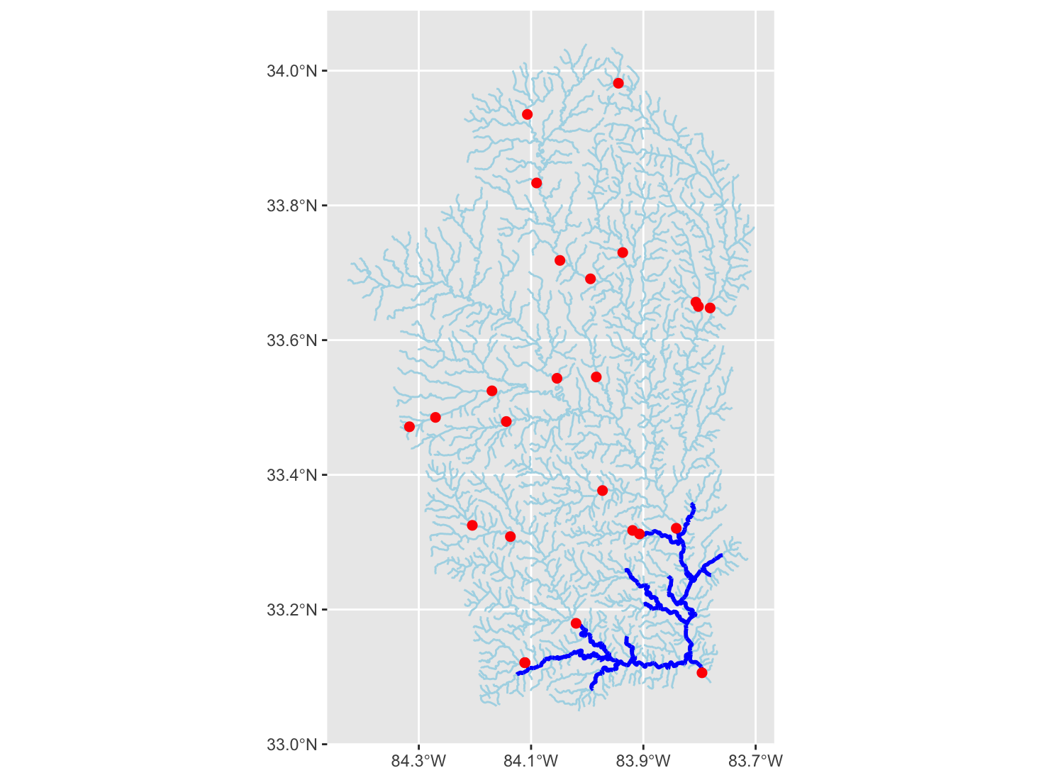 Graphical output of a river network along with associated dams created using nhdplusTools along with data from the National Inventory of Dams.